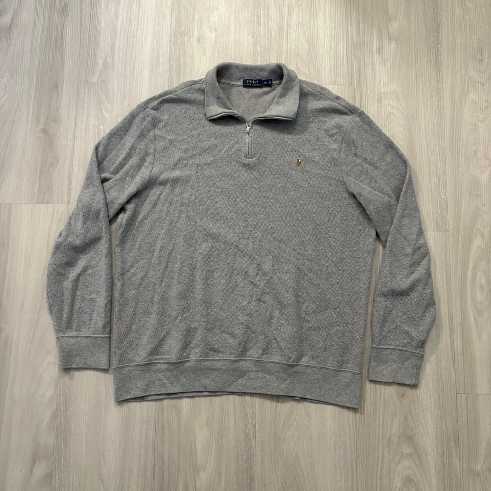 Polo Ralph Lauren Mens Pullover Sweater Grey Pique Knit Quarter Zip Heather XXL